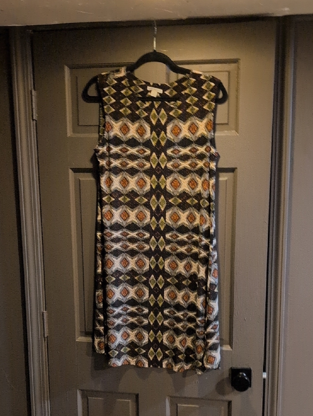 Sleeveless Mini Dress in Black, Olive & Rust Geometric Print